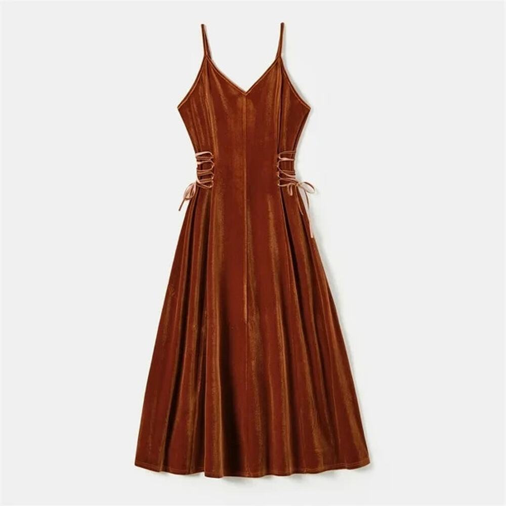 NWT PatPat Womens Velvet Party Wedding Dress V Neck Sleeveless Orange Rust Med